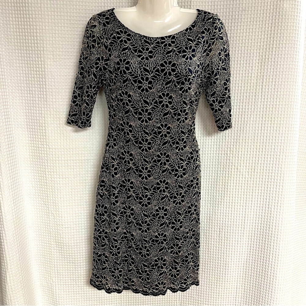Cardalite short sleeve blue sheath dress with a cream lace overlay size small